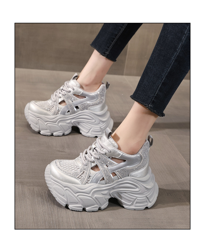 Giày sneaker nữ đế dày tăng chiều cao, mặt lưới đính đá lấp lánh — màu trắng chi tiết 15