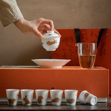 猫趣文创陶瓷茶具套组1盖碗6茶杯礼盒装白瓷文人茶客防古家用送礼