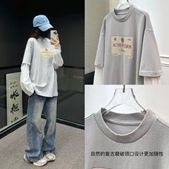 AC风格做旧磨烂假两件字母印花宽松休闲徽标长袖T恤男女潮