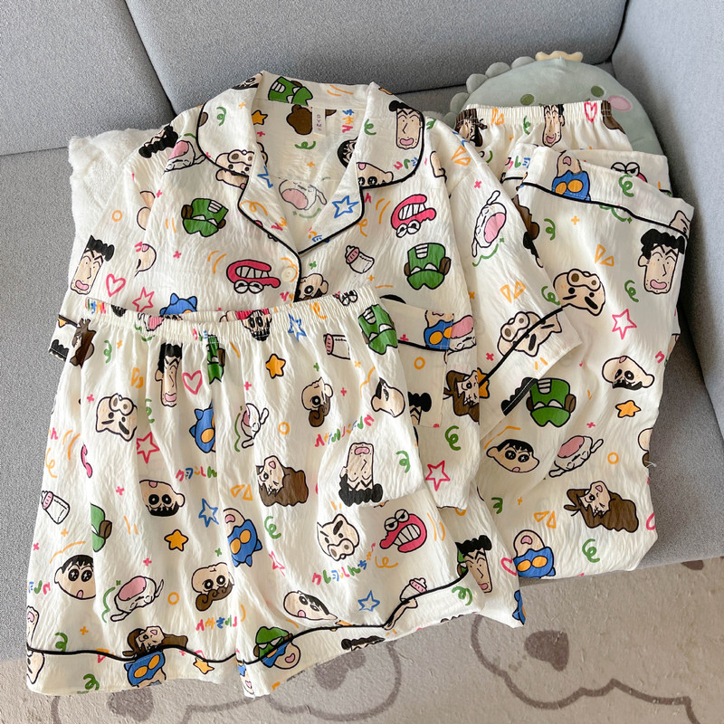 Trendy Cartoon Student Large Size Cloud Cotton Pajamas for Women, Spring and Summer Style, Casual, Can Be Worn Outside, Three-Piece Set, Home Clothing Trendy Cartoon Student Large Size Cloud Cotton Pajamas for Women, Spring and Summer Style, Casual, Can Be Worn Outside, Three-Piece Set, Home Clothing