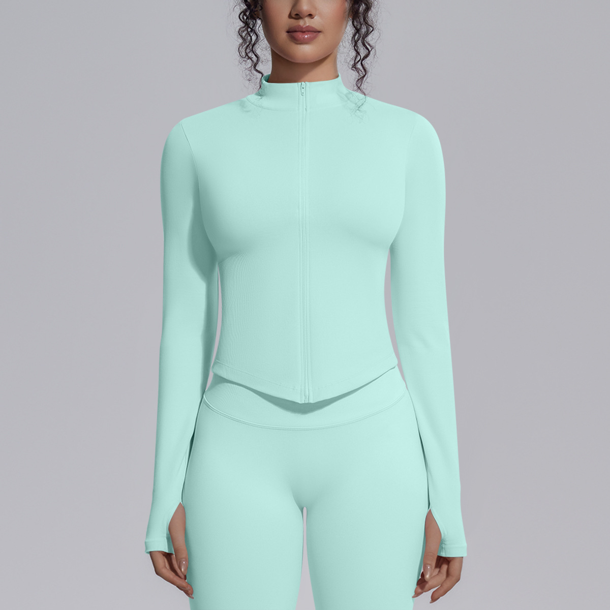 Cross-border sin costuras color sólido apertado elástico transpirable de cuello vertical chaqueta con cremallera deportiva running fitness chaqueta de yoga para mujeres