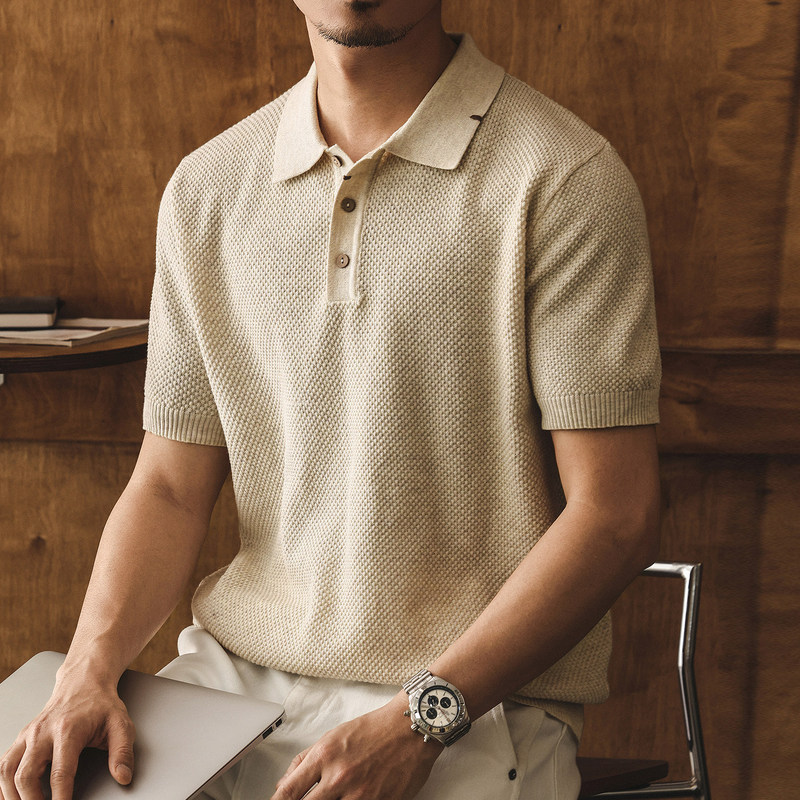New Aristocratic Old Money Style Waffle Knit T-Shirt for Men, Summer Mature Retro American Short-Sleeve Polo Shirt Men's Top t New Aristocratic Old Money Style Waffle Knit T-Shirt for Men, Summer Mature Retro American Short-Sleeve Polo Shirt Men's Top t