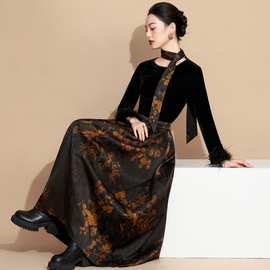 好质量中式汉服圆领毛边长袖丝绒上衣搭配领带重工提花半身裙套装