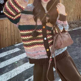 复古撞色连帽长袖毛衣外套女秋冬宽松慵懒风显瘦针织开衫休闲上衣