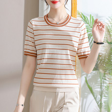 条纹短袖T恤女2024夏季韩版新款拼色镂空圆领宽松短袖女薄款上衣