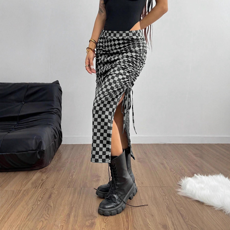 Amazon Foreign Trade New Cross-Border European and American Elegant Women's Plaid Side Slit Slim Long Skirt Contrasting Color
