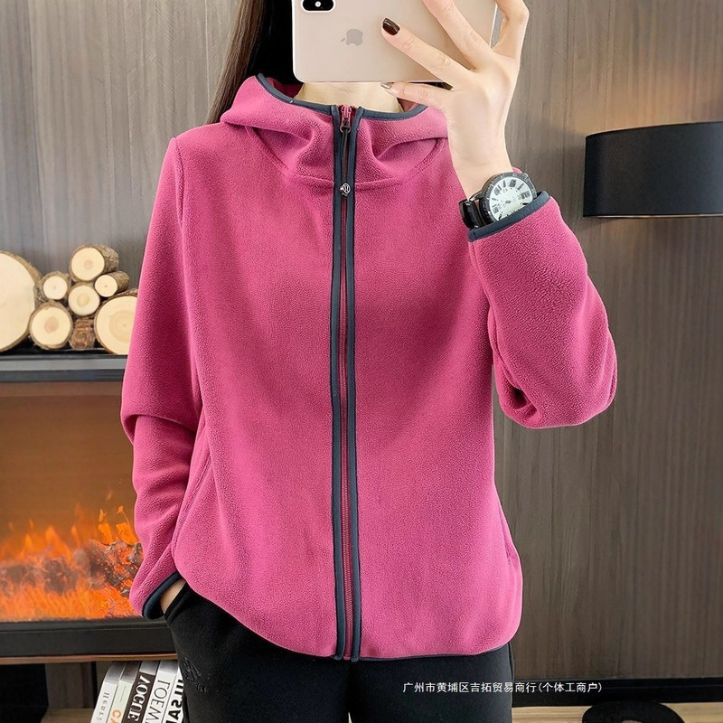 Autumn and Winter Hooded Fleece Jacket for Women, Thickened Windproof and Warm Polar Fleece Jacket, Hiking Sports Casual Cardigan Sweatshirt