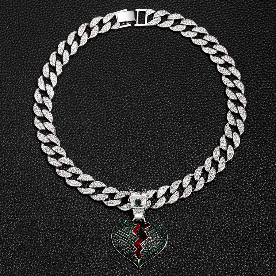 Street hip-hop style, personalized dark green split heart pendant, 15mm watch buckle, Cuban necklace_voghion.com