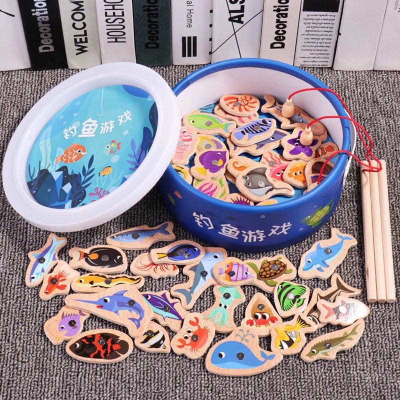 Juguetes de pesca magnética de madera, niños pequeños, bebés, diversión cognitiva, peces pequeños magnéticos, educación temprana, inteligencia, juegos para padres e hijos