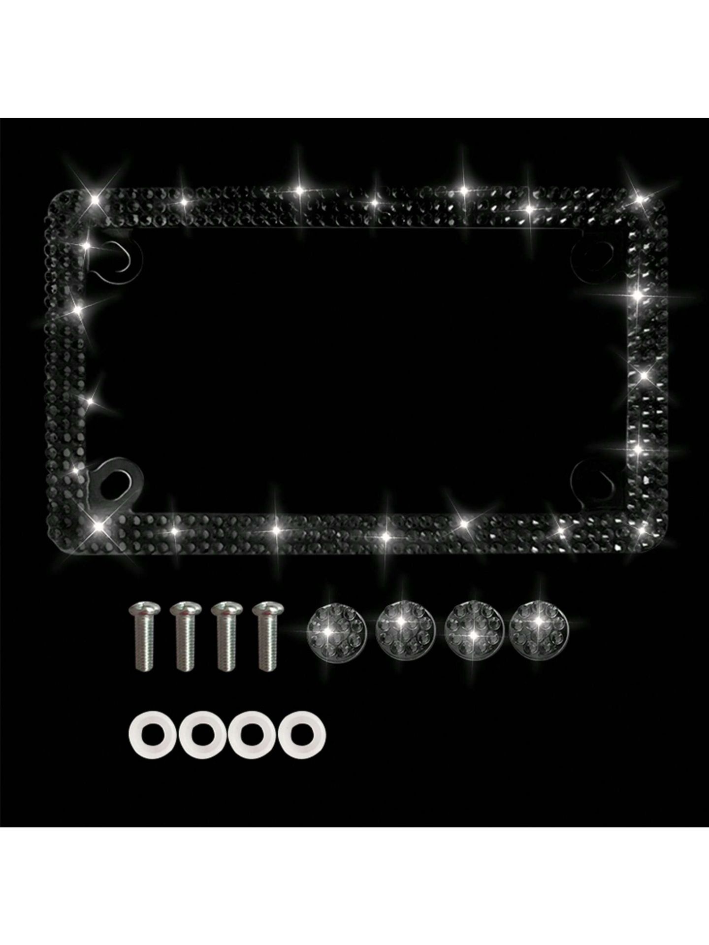 Motuoche Motorcycle 4-Hole Rhinestone License Plate Frame Stainless Steel (License plate holder/license plate holder) - black