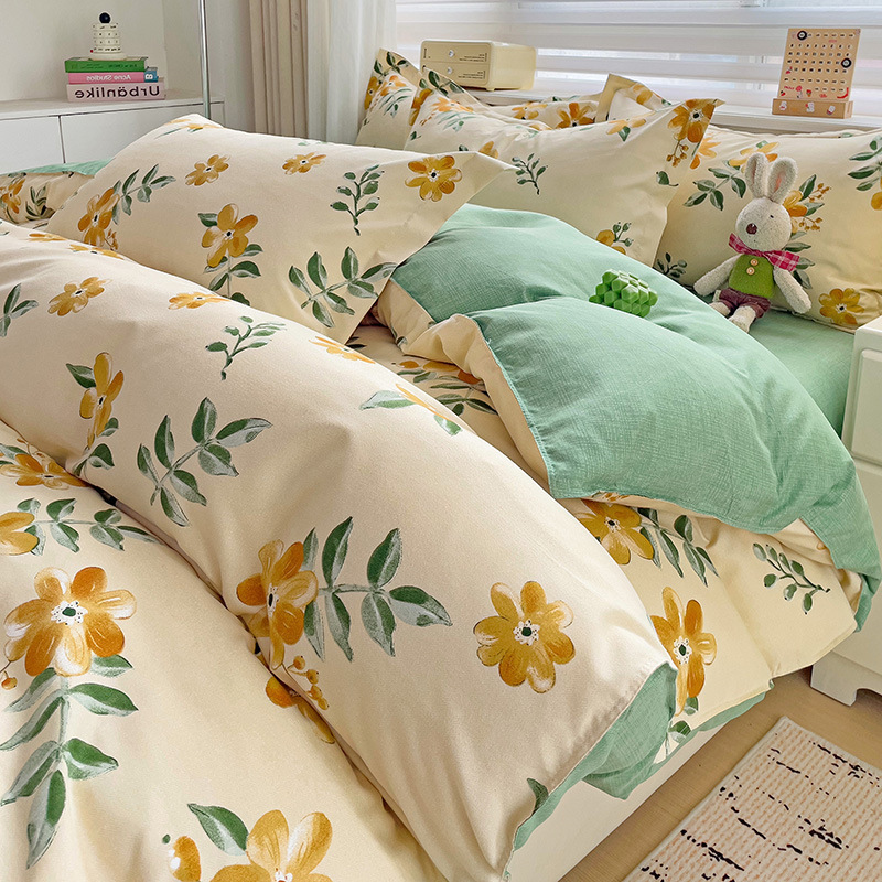 Ins Style Pure Gung Cotton Twill Washed Cotton Student Dormitory Three-piece Four-piece Set Thickened Sanding Bed Sheet Quilt Cover Pillowcase
