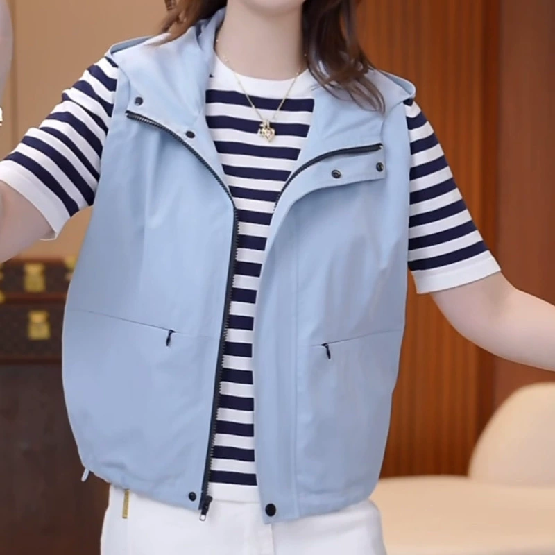 Куртка в европейском стиле 2025, стильная спинка, повседневный дизайн, модный жилет с капюшоном для весны и осени, без рукавов, универсальный.