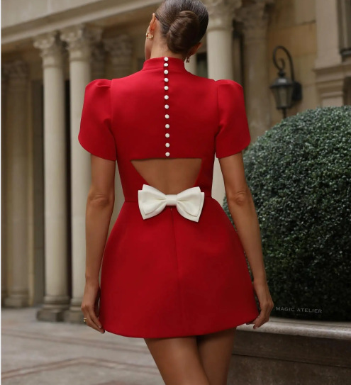 Petal Sleeve Sleeve Type Polyester Fabric Type High Waist Waist Line Wholesale Women's Elegant Sexy Bow Back Solid Color Holiday Cocktail Party High Neck Short Sleeve Princess Dress