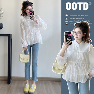 2025 New Pregnant Women's Shirt Loose Slimming Vertical Collar Pleated Waist Fashion All-match Elegant Trendy Mom's Shirt Top