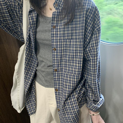 韩版蓝色格子长袖衬衫女秋季2025新款慵懒风衬衣外套宽松显瘦上衣