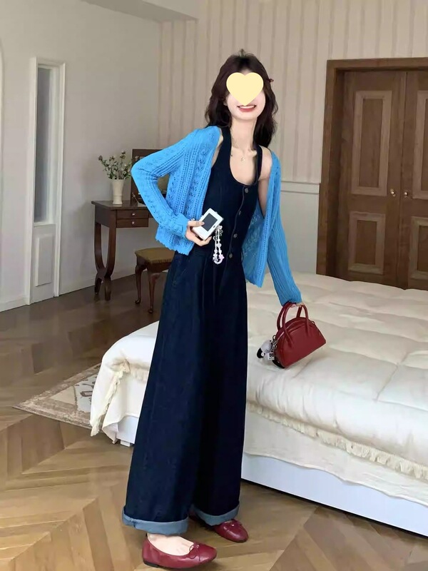Denim-style knitted cardigan two-piece set for women, 2026 spring new Korean fashion slim-fit suspender jumpsuit set Denim-style knitted cardigan two-piece set for women, 2026 spring new Korean fashion slim-fit suspender jumpsuit set