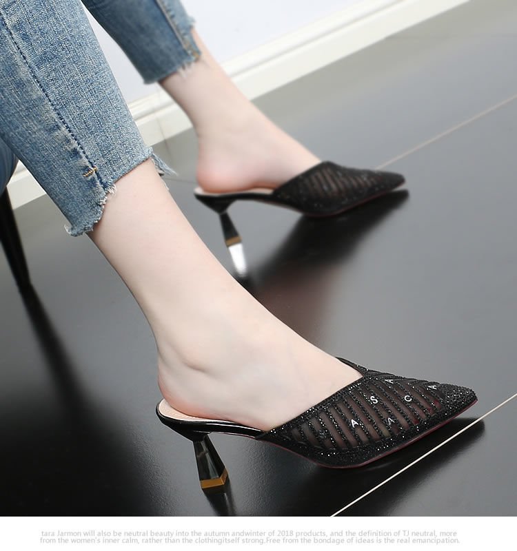 High Outdoor Sandals For Women 2025 Spring New Versatile Thin Heel Closed Pointed Toe Mesh Rhinestone Half Slippers_voghion.com