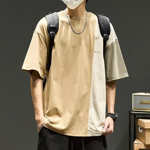 Summer Color Block Splicing Short Sleeve T-Shirt for Men, Japanese Style Loose Fit Versatile Trendy Embroidered Crew Neck Basic Top Shirt