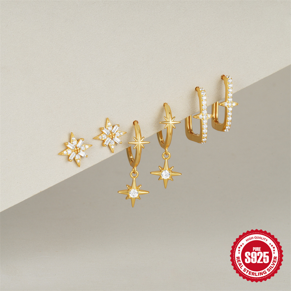 Pendientes de copo de nieve de estrella de ocho puntas de circón simple y moderno de plata de ley s925