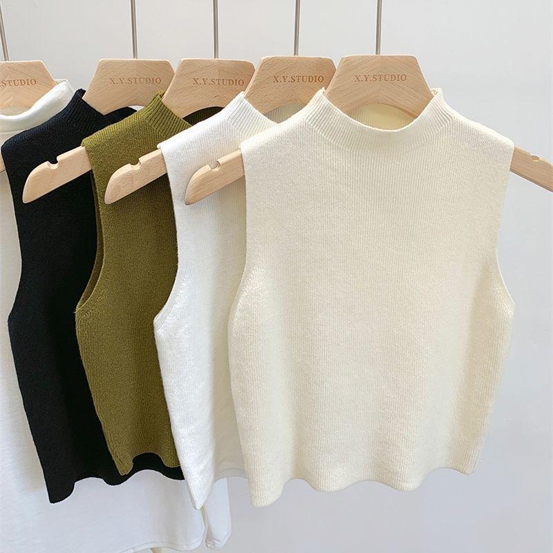 韓国の半高襟のレトロな袖なしのtシャツの上着の夏のメリヤスのベストの女性のスーツの職業の中でカバーをかけます。|undefined