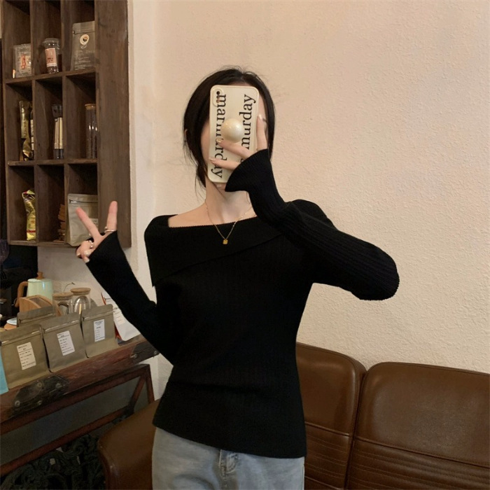 一字肩针织打底衫女2025春秋不规则内搭法式高腰正肩锁骨长袖上衣|undefined