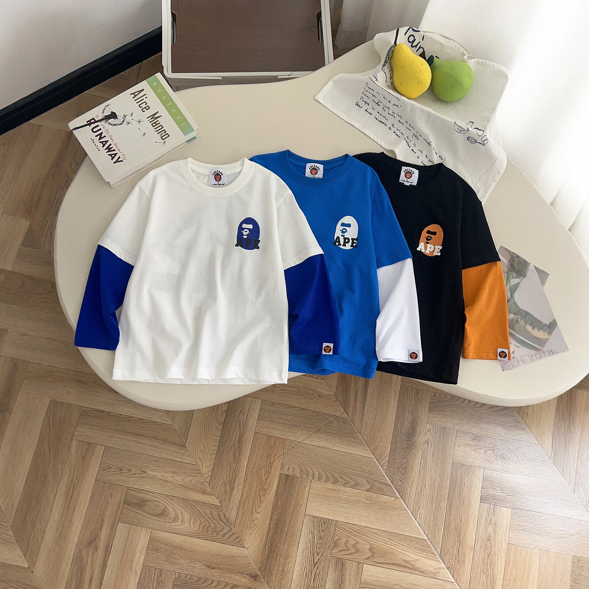 Autumn Fashion New Children's Cotton Long-Sleeve T-Shirt with Cartoon Print, Korean Style, Trendy Casual Faux Two-Piece Base Layer