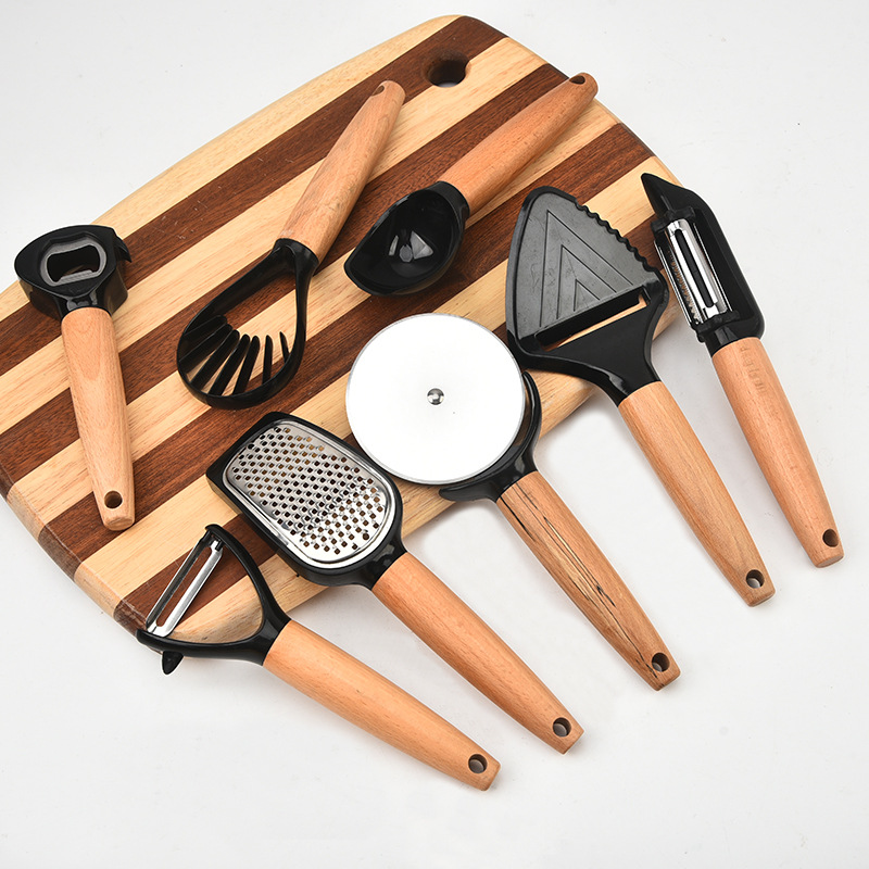 Mango de madera queso pala pizza cuchillo rodillo raspador cuchara de helado cuchillo de peeling sacos de cocina gadget set