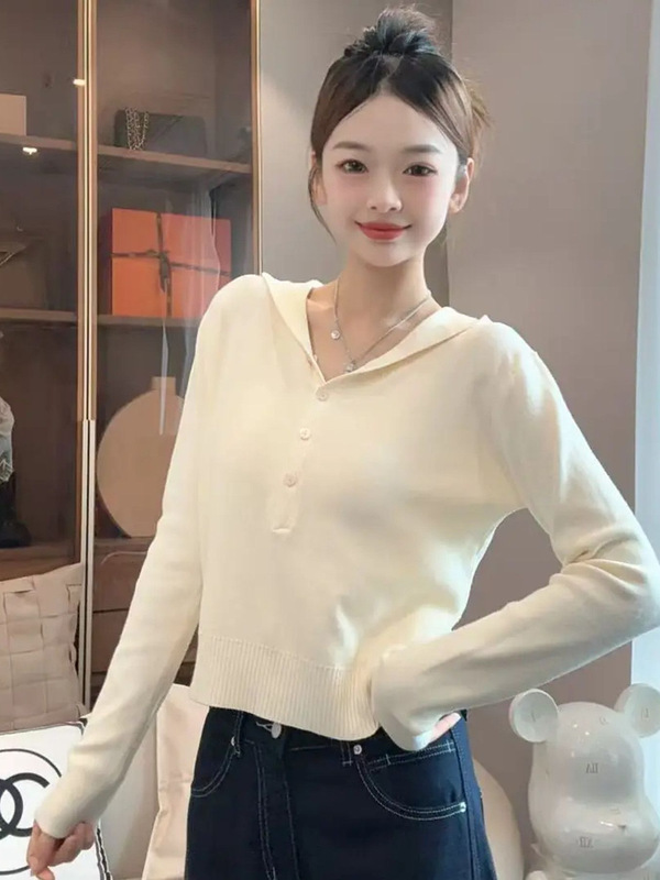 美式辣妹黄色连帽针织衫女秋季设计感修身收腰长袖毛衣内搭短上衣|undefined