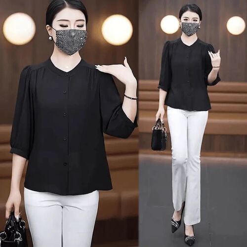 2025 spring and summer thin style fashionable mid-sleeve ice silk top, fat girl loose belly cover large size Western-style small shirt, middle-aged