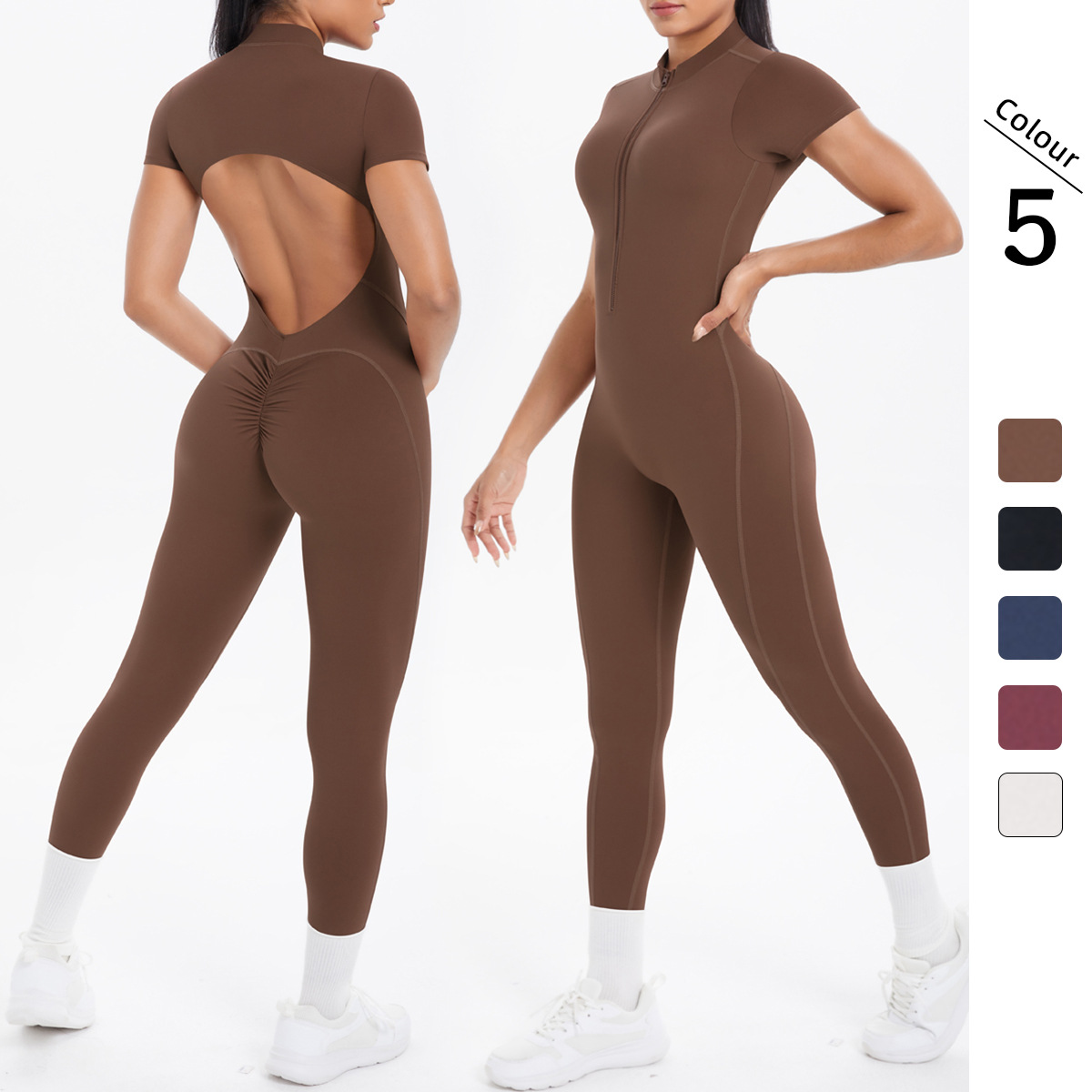 New Tight-Fitting Beautiful Back Hollow Out Short-Sleeved Long Pants Jumpsuit Sports Running Fitness One-Piece Yoga Suit_voghion.com