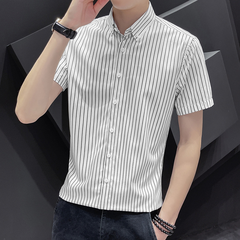 Men's Short-Sleeve Striped Shirt Korean and Japanese Fashion Men's Short-Sleeve Shirt 2025 Summer New Trendy Slim-Fit Top Men