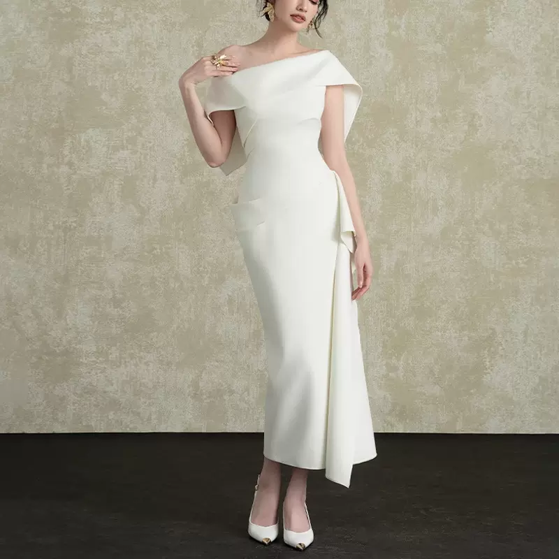 气质名媛斜肩不规则荷叶边连衣裙2025夏季新款白色开叉派对小礼服