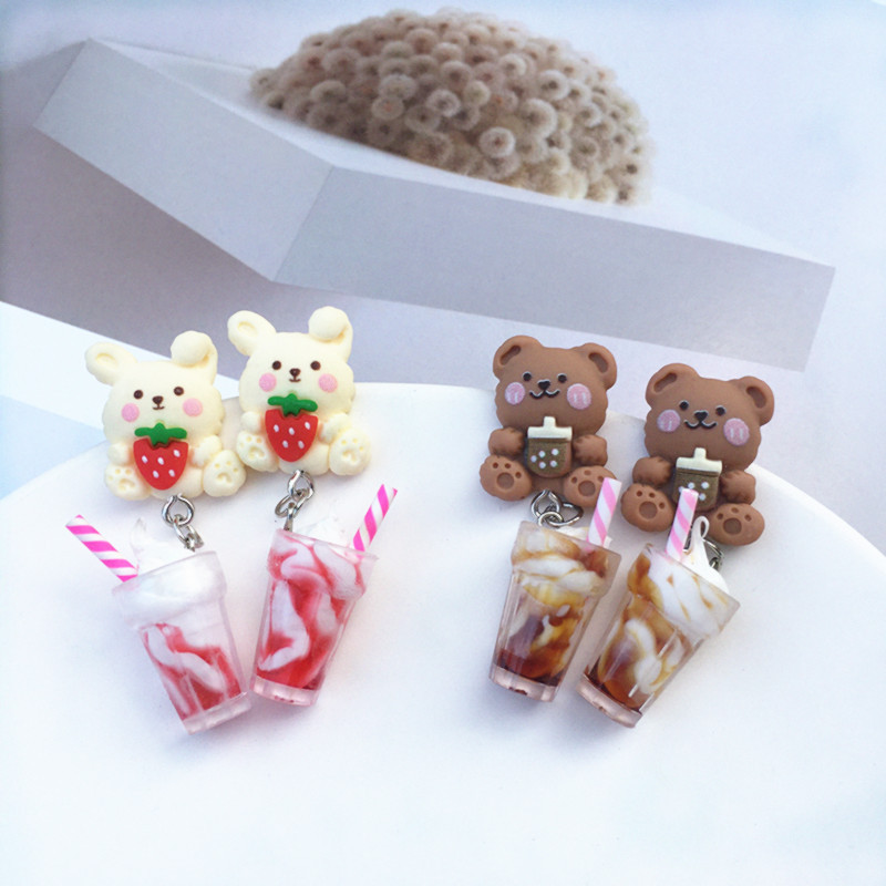 Creative Cute Ice Cream Pearl Milk Tea Bear Strawberry Resin Earrings display picture 1