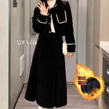 女装秋冬款新品加绒学院风两件套装新中式长袖黑色半身连衣裙子女