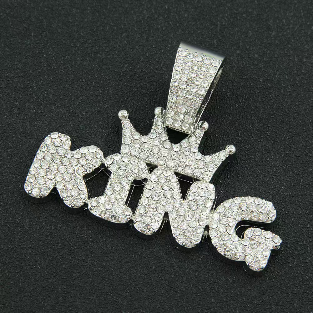 Pendentif KING en diamants serti sur une chaîne cubaine, style hip-hop européen-américain, pour homme et femme. Bijou unisexe._voghion.com