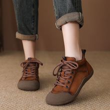 头层牛皮短靴女2025冬季新款真皮单靴复古系带百搭平底高帮单鞋