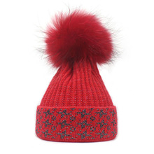 冬天女士帽子彩色大毛球帽子時尚卷邊套頭帽外貿跨境女帽針織帽子