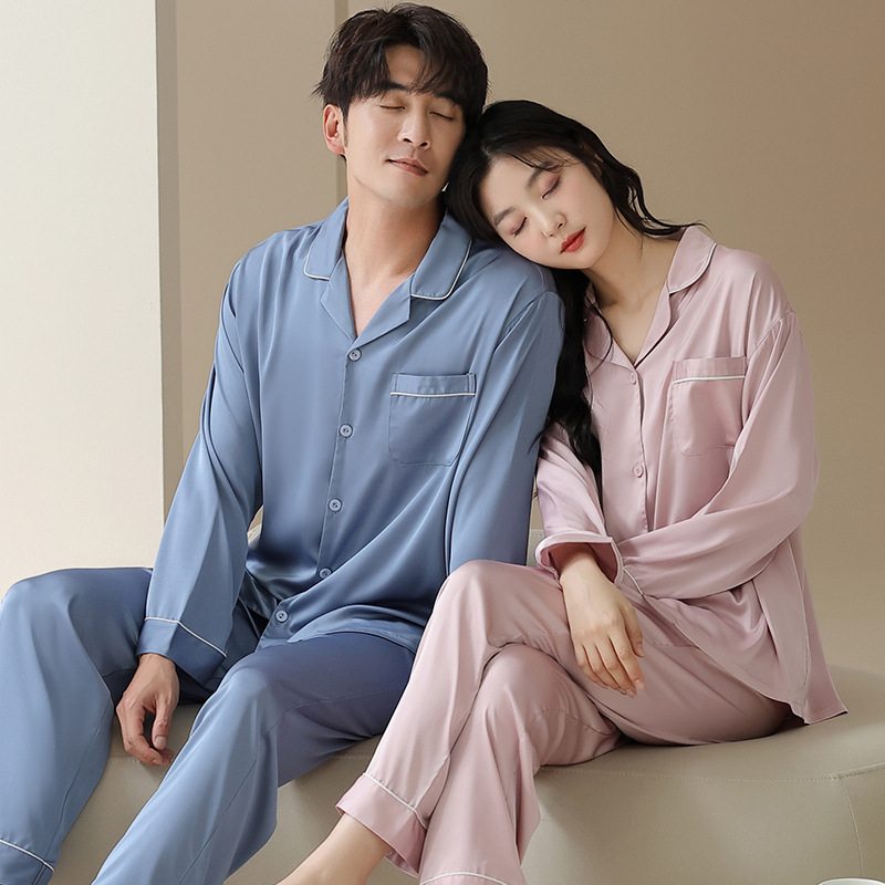 Pijamas de pareja de seda de hielo para mujer 2024 nuevo traje de ropa para el hogar de primavera y verano de hombre de seda de simulación fresca de manga larga de otoño