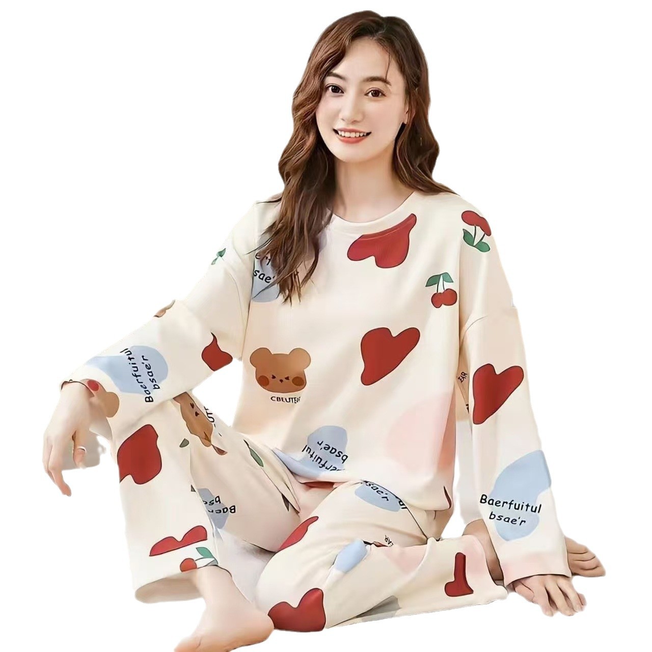 Pijama de manga larga de primavera y otoño simple coreano estilo de estilo avanzado joven suelto cuello redondo en casa otoño y invierno conjunto