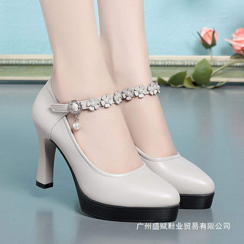 女士高跟鞋春季一字扣百搭走秀鞋旗袍鞋时尚百搭防水台女鞋链子
