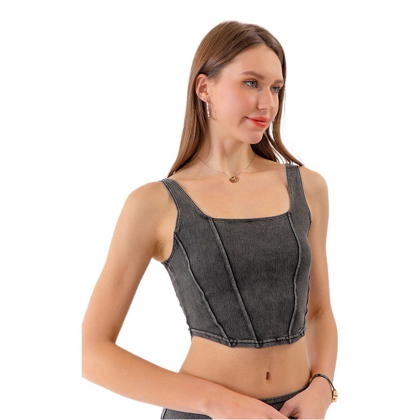 Europa y América nuevo Denim yoga deportes Chaleco de las mujeres en forma de U elástico Adelgazamiento Belleza espalda desgaste exterior de secado rápido fitness top