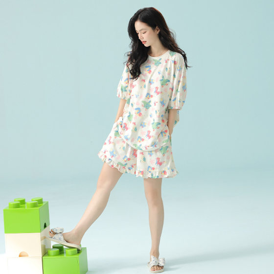 [7A antibacterial] summer women's pajamas cotton short sleeve printed world can be worn outside home clothes suit pajamas women