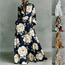 跨境欧美法式收腰显瘦长袖印花连衣裙优雅复古休闲裙度假风女装
