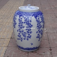 景德镇陶瓷米缸青花瓷蝶恋花带盖酒坛储物罐泡菜坛瓷器工艺品摆件