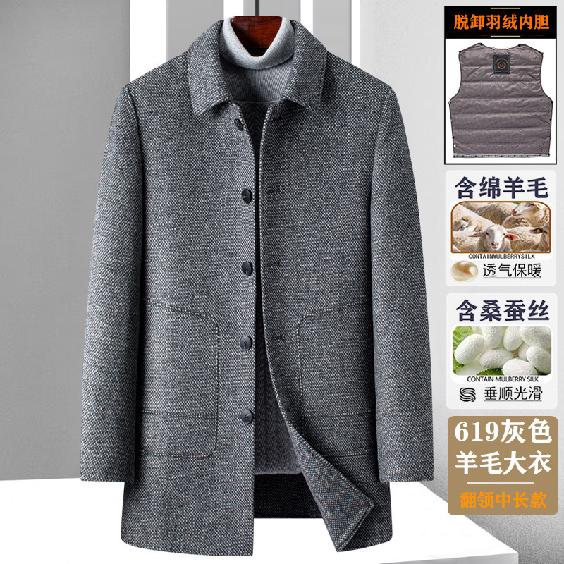 2025冬装高档男士双面尼羊毛大衣中长款羊毛呢子羽绒服桑蚕丝外套|undefined