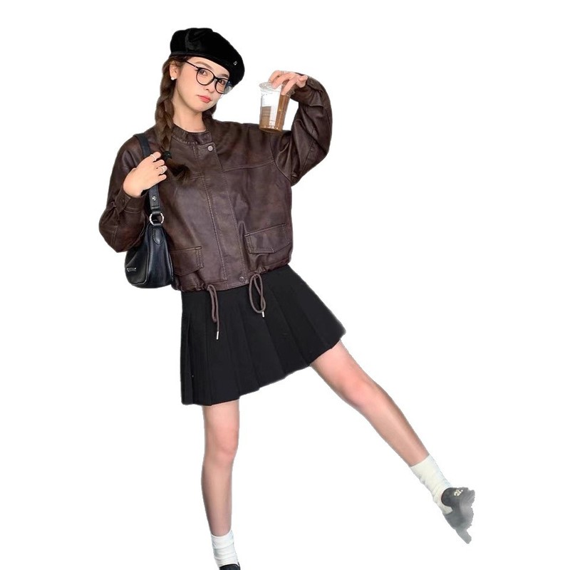 美式复古洋气休闲皮衣外套女2025秋季新款小个子显瘦宽松皮夹克|undefined