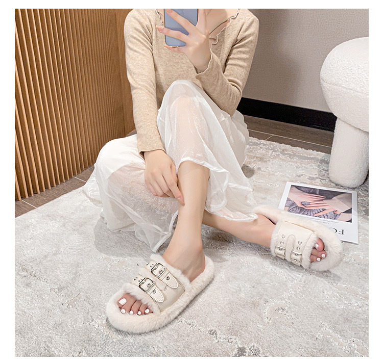 Dép lông nữ đế dày phẳng hai khóa cài, chống trơn trượt, phối màu cơ bản — Màu trắng, Màu đen chi tiết 23