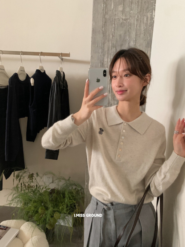 imiss 韩系2025新款女舒适百搭卡通图案polo领针织衫(含4%羊羔毛)|undefined