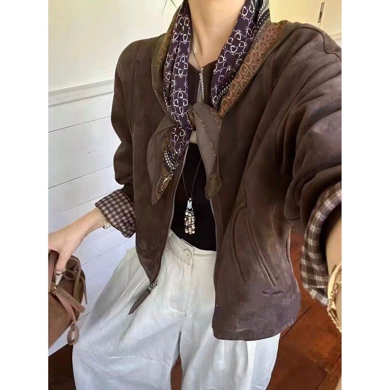 欧货复古丝巾鹿皮绒外套女2025秋季新款时尚设计感格子拼接夹克潮|undefined