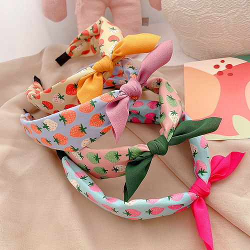 Rabbit Ear Children's Headband, Kid Hair Accessory Cute Fabric Bow Hair Clip Fruit Print Striped Headband Hairpin